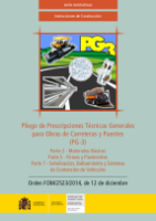 Portada de Pliego de Prescripciones Técnicas Generales para Obras de Carreteras y Puentes (PG-3). Orden FOM/2523/2014, de 12 de diciembre. Parte 2 Materiales Básicos. Parte 5 Firmes y Pavimentos. Parte 7 Señalización, Balizamiento y Sistemas de Contención de Vehículos